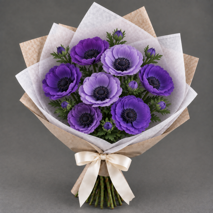 Букет из 7 фиолетовых анемонов 